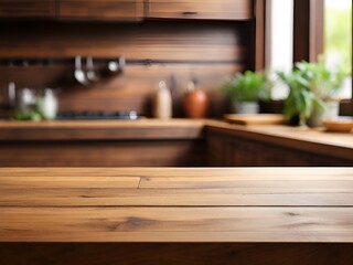 kitchen, wooden, table blurred background Ai generative 