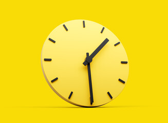 3d Simple Yellow Round Wall Clock 1:30 One Thirty Half Past 1 On Yellow Background 3d illustration