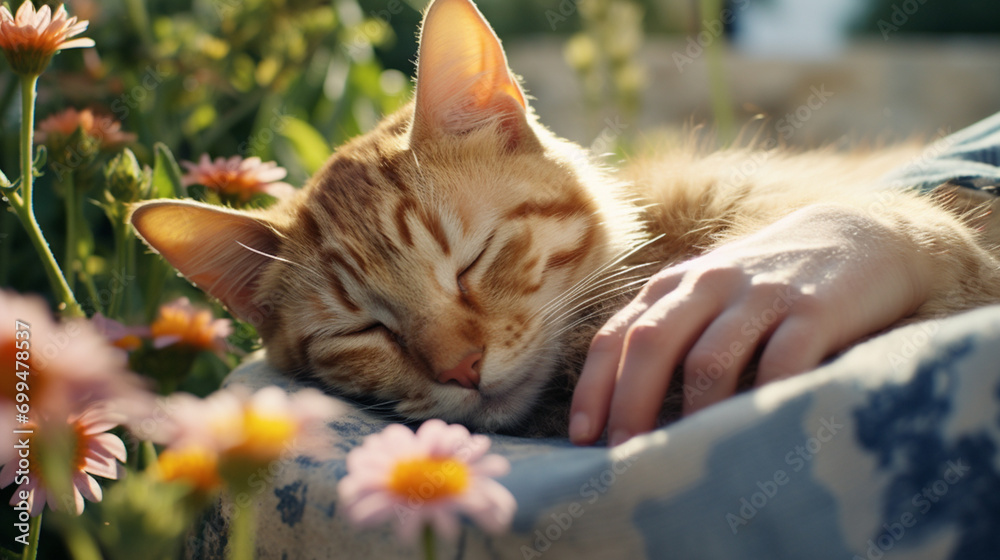 Poster a tranquil scene of a cat providing relaxation and companionship to an individual, highlighting the 