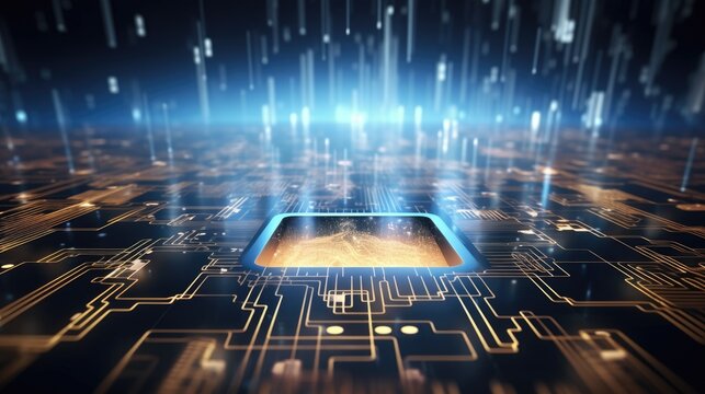 Digital informational technology web futuristic hologram with cloud icon, blue golden light digits and code background, cloud computing. Abstract Motion of digital data flow