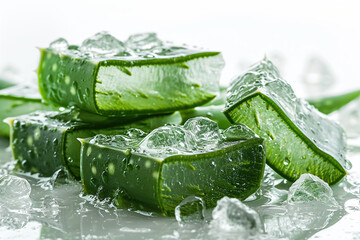 Aloe vera sliced with gel dripping isolated on white background