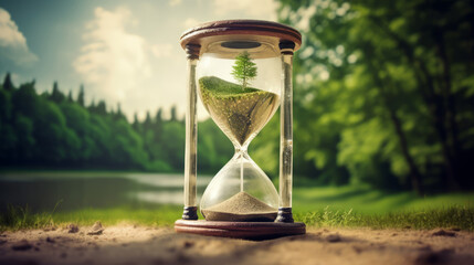 An hourglass with a tree growing from it, symbolizing time running out and the feeling of being trapped within its confines - obrazy, fototapety, plakaty