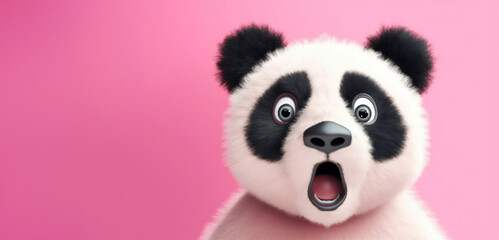 An endearing cartoon panda shows a look of surprise, with large, expressive eyes against a soft pink backdrop, perfect for engaging children's content. - obrazy, fototapety, plakaty