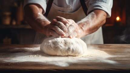 Old baker kneading dough and baking bread in a bakery kitchen restaurant. flour on the table and chefs hands - obrazy, fototapety, plakaty