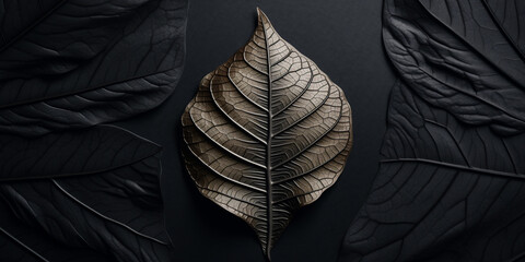 A close-up of a leaf on a black surface, featuring very detailed leaves and an intricate fantasy leaf in a visually captivating composition
