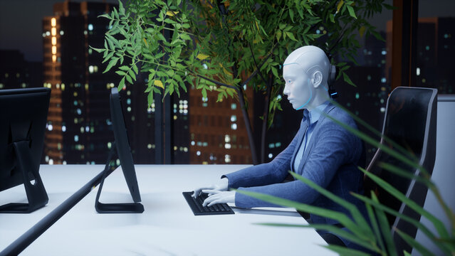3d render of humanoid robots working in modern office, future concept