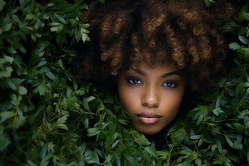 A close-up of a woman's face surrounded by leaves, capturing a beautiful portrait photo with a natural complexion and radiant skin - obrazy, fototapety, plakaty