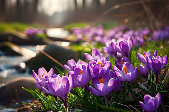 Wild purple crocuses, spring flowers