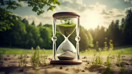An hourglass with a growing plant signifies the urgency of time running out, emphasizing the fragility of life