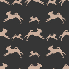 Running petit brabancon puppy isolated on a dark grey background. Seamless pattern. Endless texture. Design for wallpaper, fabric, template, printing. Vector illustration.