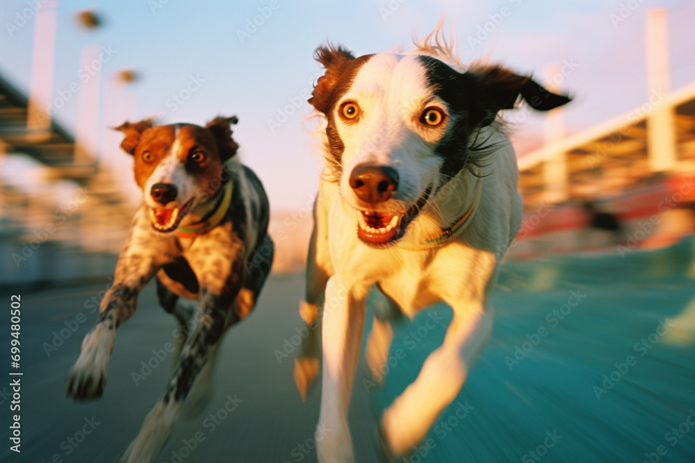 Poster racing dogs in a ballet of speed, forming abstract shapes that capture the agility and precision in 