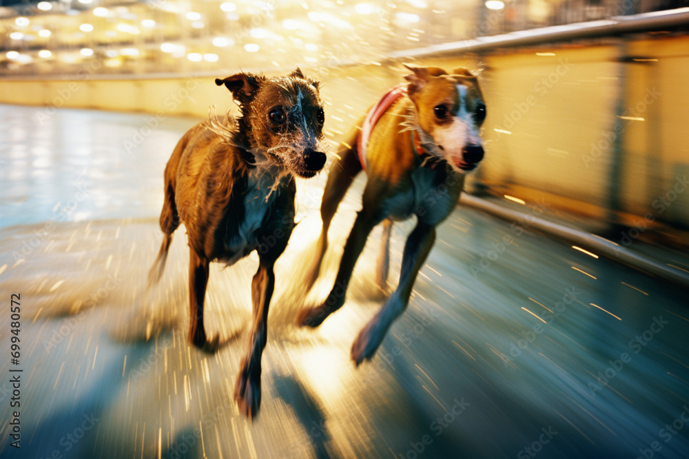 Aufkleber racing dogs in a blur of speed, creating abstract streaks on the track that convey the rapid pace of