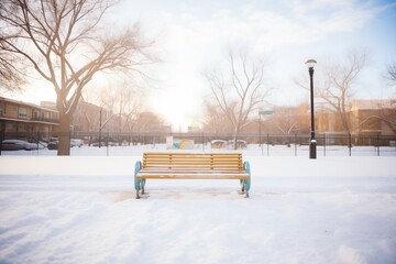 lonely footprints to a bench, snow all around