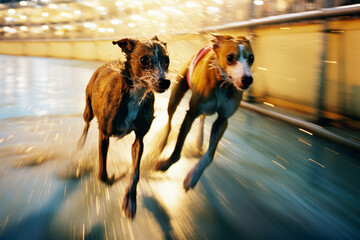 Racing dogs in a blur of speed, creating abstract streaks on the track that convey the rapid pace of the race. - obrazy, fototapety, plakaty