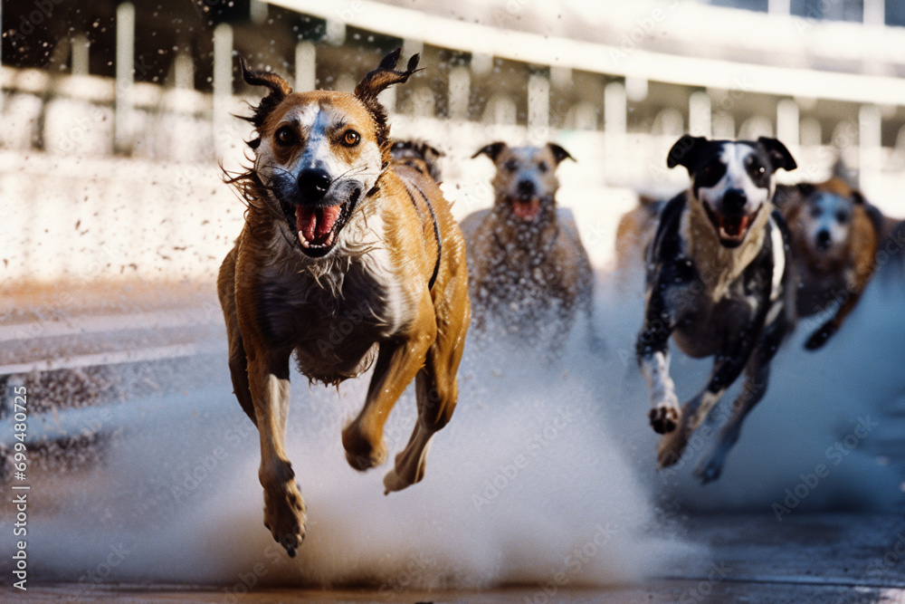 Aufkleber Racing dogs in dynamic motion, creating abstract patterns on the track that symbolize the excitement of canine racing.