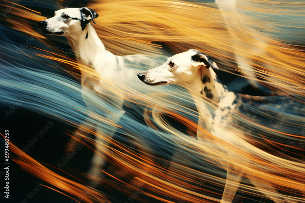 Aufkleber Whippets in a fusion of racing motion, forming abstract patterns that emphasize the synchronized and coordinated movements of the dogs.