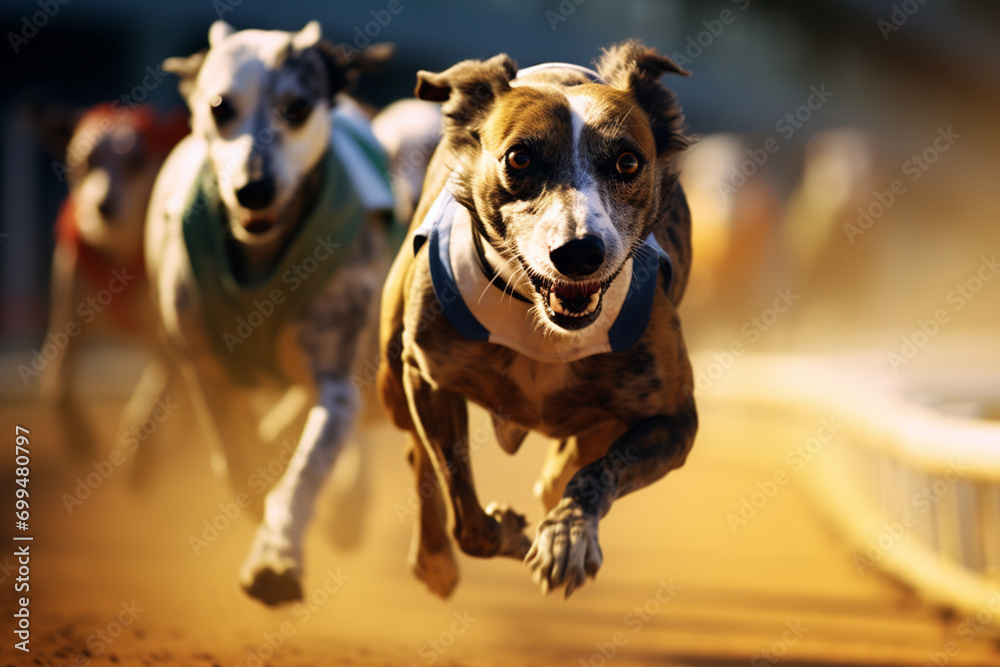 Aufkleber racing dogs in a blur of speed, creating abstract streaks on the track that convey the rapid pace of