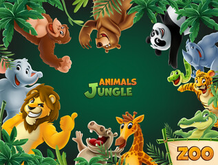 illustration set of jungle cartoon zoo animals with plants - obrazy, fototapety, plakaty
