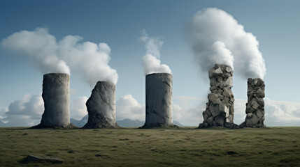 Group of rocks emitting smoke, resembling steam machines, creates a surreal landscape of ashes and smoke columns - obrazy, fototapety, plakaty