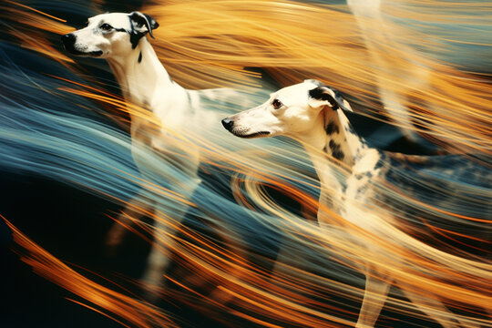 Whippets in a fusion of racing motion, forming abstract patterns that emphasize the synchronized and coordinated movements of the dogs.