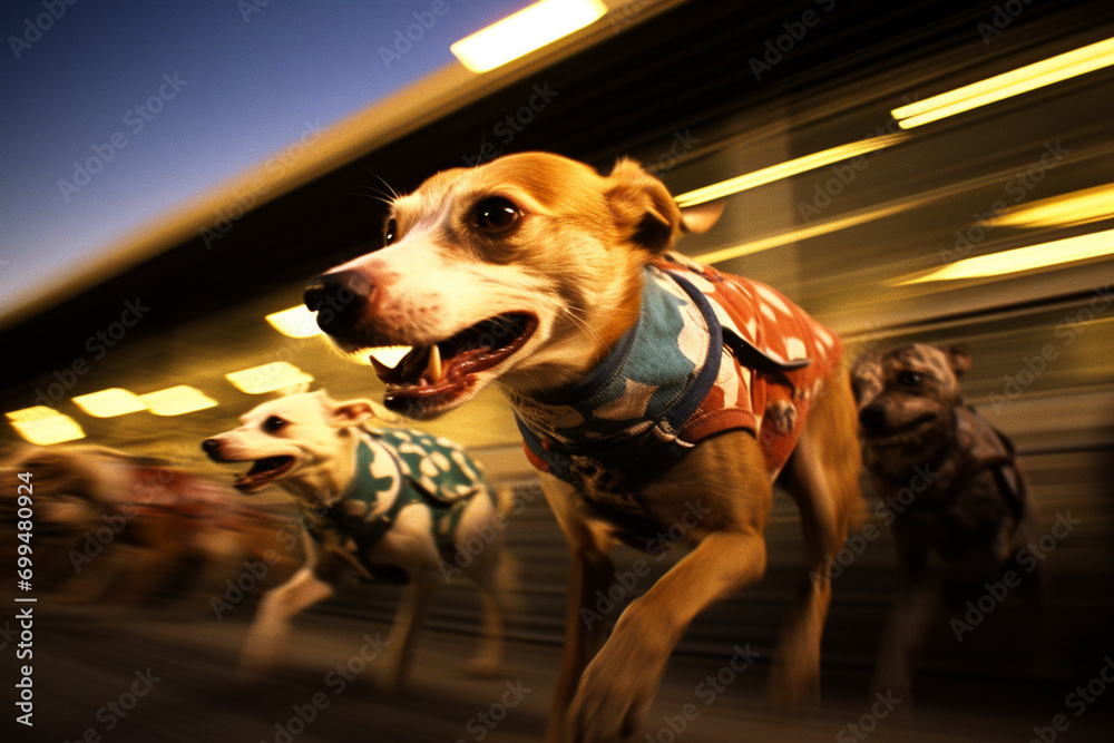 Poster racing dogs in full velocity, forming abstract streaks that convey the intense speed and competition