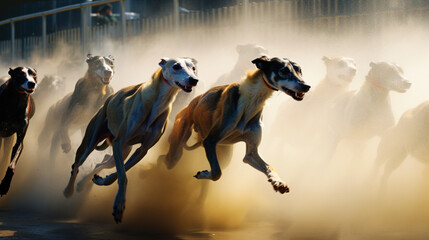 Greyhounds in a sprinting pose, creating abstract lines that showcase the explosive speed and athleticism of these racing dogs.