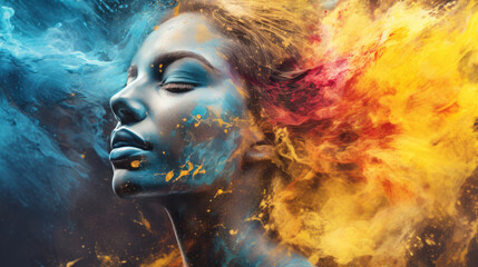 Woman adorned with blue and yellow paint, face submerged in colorful oils, presenting a unique airbrush digital art composition with vibrant colors