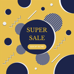 Super Sale banner. Offer with discount. Retro pattern in Memphis 80s-90s style. Shopping background. Use for wallpaper, fabric, template, print. Vector illustration.
