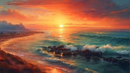 Fototapeta premium _Hot_sunset_over_sea_coastline_