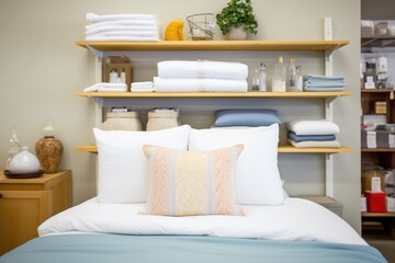 clean, soft bedding and pillows on a store shelf