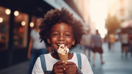 Zelfklevend Fotobehang A beautiful cute young black african american baby kid child boy model guy holding and eating a gelato ice cream in a cone outside in a city on a sunny summer day. blurred background © Zainab