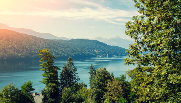 View of a mountain lake in autumn. Lake Millstatt, Austria, Europe