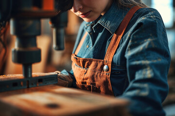 A craftswoman in overalls concentrates on drilling a piece of wood on a workbench.