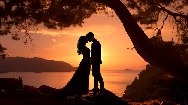 Silhouette of a couple on the sunset. Couple of young people enjoying the beauty of the afternoon sun. For greeting, romantic wallpaper concept. Generative AI