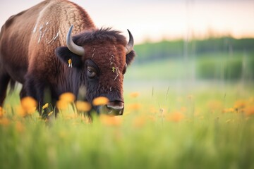 bison grazing near prairie wildflowers