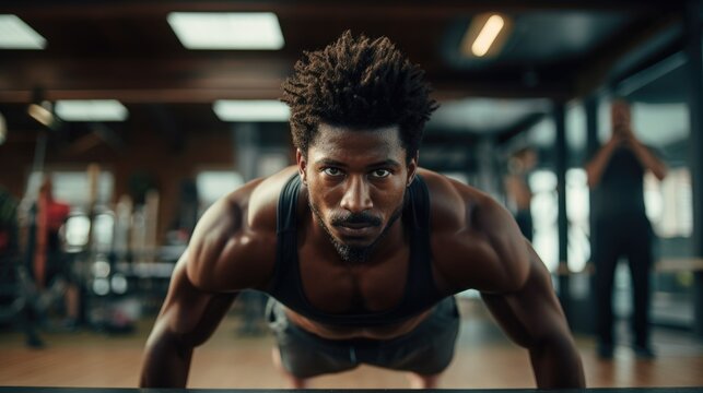 A black afro - american athlete with healthy muscular body doing pushups in a gym while sweating and improving his physical body form