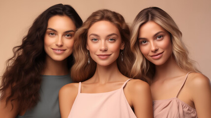  beats a portrait of three beautiful women with healthy skin. Wellness, spa, cosmetology, skin care concept. - Powered by Adobe