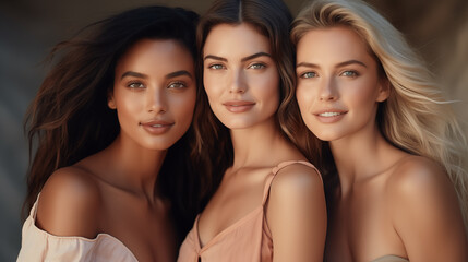  beats a portrait of three beautiful women with healthy skin. Wellness, spa, cosmetology, skin care concept.