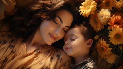 mother and son lying on the ground with flowers around them. concept of motherhood and care for children - obrazy, fototapety, plakaty