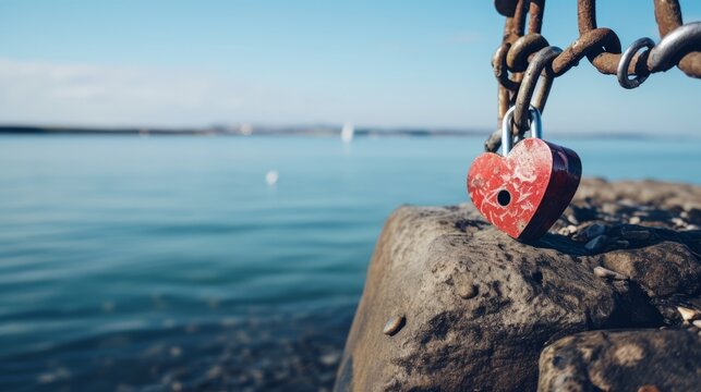 Romantic love lock by the sea: red heart key lock symbolizing valentine's day loyalty and love