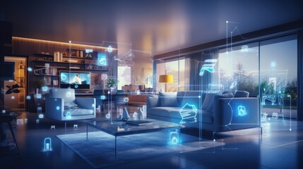 A concept art of a digital holographic artificial intelligence smart technology in a house and a flat. modern living room with blue and white virtual reality interface and icons