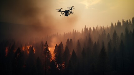 Firefighting Drone in Flight Over Devastating Wildfire in Dense Forest - obrazy, fototapety, plakaty