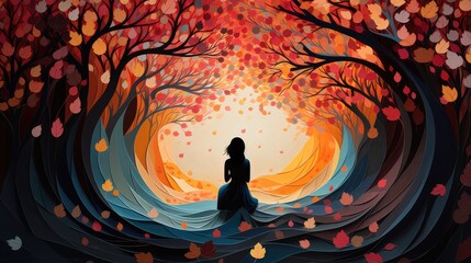spiritual serenity in nature solitude and mindfulness in an enchanted autumn forest with golden leaves - obrazy, fototapety, plakaty