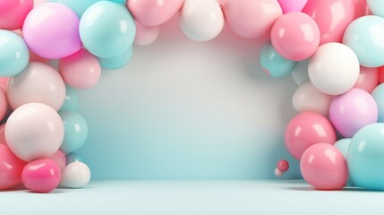 Obraz na płótnie Canvas Pastel Balloon Archway on Soft Blue Background for Party Decor