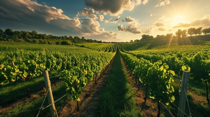 Fototapeta na wymiar Sunset Over Lush Vineyard Rows in Picturesque Wine Country