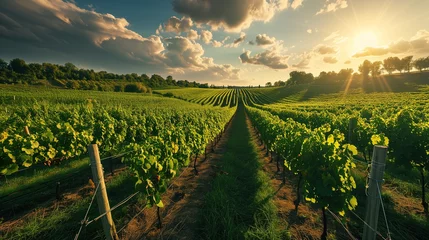 Zelfklevend Fotobehang Sunset Over Lush Vineyard Rows in Picturesque Wine Country © Sintrax