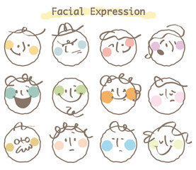 Abstract round face with variety of expression.Collection of facial emoticon with hand drawn style.Modern face emoji.Colorful circle people face.Happy,sad,angry,smile,shock.Line stylish.Cartoon,doodle