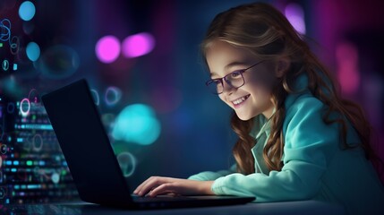 Joyful Young Girl Engaging in Coding Activities on a Laptop in a Tech-Driven Environment