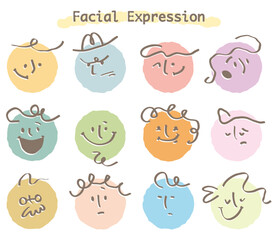 Abstract round face with variety of expression.Collection of facial emoticon with hand drawn style.Modern face emoji.Colorful circle people face.Happy,sad,angry,smile,shock.Line stylish.Cartoon,doodle