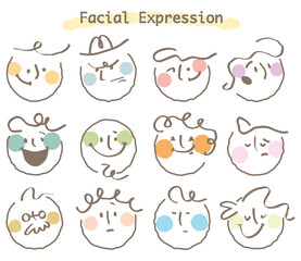 Abstract round face with variety of expression.Collection of facial emoticon with hand drawn style.Modern face emoji.Colorful circle people face.Happy,sad,angry,smile,shock.Line stylish.Cartoon,doodle